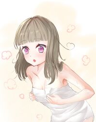 1girl :o bairasu_02 bare_shoulders blunt_bangs blush breast_conscious breasts collarbone commentary_request cowboy_shot grabbing_own_breast hair_down highres kachimachi_kosuzu leaning_forward link!_like!_love_live! long_hair love_live! naked_towel open_mouth pink_eyes small_breasts solo towel virtual_youtuber
