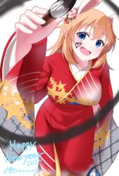 Rule 34 | 1girl, 2024, absurdres, animal ears, blue eyes, blush, breasts, charlotte e. yeager, happy new year, highres, hiroshi (hunter-of-kct), japanese clothes, kimono, large breasts, long hair, looking at viewer, new year, orange hair, rabbit ears, rabbit girl, smile, solo, strike witches, world witches series