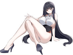 1girl absurdres alvitr_(azur_lane) alvitr_(muspel&#039;s_torrid_secrets)_(azur_lane) ass azur_lane bare_arms bare_legs bare_shoulders black_hair black_shoes black_skirt bow bowtie breasts closed_mouth collared_shirt crossed_legs hand_on_own_knee high-waist_skirt high_heels highres huge_breasts long_hair looking_at_viewer miniskirt mixed-language_commentary official_alternate_costume panties partially_unbuttoned pencil_skirt red_eyes shirt shoes side_slit sideboob simple_background skirt sleeveless sleeveless_shirt smile solo sss2056 thighs underwear very_long_hair white_background white_panties white_shirt
