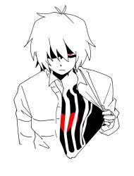 1other cage collared_shirt commentary cropped_torso deltarune hashtag-only_commentary highres kris_(deltarune) only_gnb other_focus partially_shaded_face red_eyes ribs shirt short_hair solo soul_(deltarune) spot_color utdr_(toby_fox)
