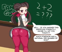 Rule 34 | 1girl, ass, ass focus, black dress, blush, breasts, brown hair, calamity33, chalkboard, chalkboard writing, classroom, dress, english text, feet out of frame, female focus, from behind, gluteal fold, hair ornament, highres, indoors, leggings, long hair, looking at viewer, looking back, medium breasts, nintendo, open mouth, pants, pink eyes, pink pants, pixel art, pokemon, pokemon oras, roxanne (pokemon), school, shirt, short sleeves, sideboob, solo, speech bubble, standing, teeth, thighs, upper teeth only, white shirt, wide hips