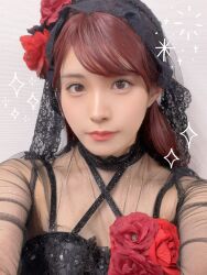 1girl brown_eyes cosplay cosplay_photo costume flower guilty_kiss_(love_live!) honamen_cos indoors long_hair looking_at_viewer love_live! love_live!_sunshine!! photo_(medium) red_flower red_hair sakurauchi_riko selfie standing