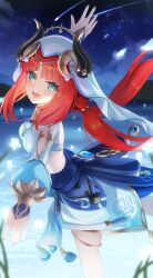 1girl absurdres blue_brooch blue_skirt brooch comet commentary_request crop_top dancing detached_sleeves ewaaawa fake_horns falling_petals feet_out_of_frame from_side genshin_impact green_eyes harem_outfit highres horns jewelry long_hair looking_at_viewer low_twintails midriff night night_sky nilou_(genshin_impact) open_mouth outstretched_arms petals puffy_sleeves red_hair skirt sky smile solo spread_arms standing standing_on_one_leg star_(sky) starry_sky thighlet twintails veil vision_(genshin_impact) white_sleeves white_veil