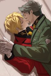 Rule 34 | 2boys, blonde hair, challia bull, char aznable, facial hair, gloves, green jacket, gundam, gundam gquuuuuux, highres, jacket, kiss, military uniform, multiple boys, red jacket, white gloves, yaoi, zeon, zerozany