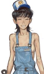 1girl asian baseball_cap belt belt_buckle black_eyes black_hair blue_overalls breasts buck_teeth buckle cleavage female_focus hat highres matching_hair/eyes medium_breasts mossacannibalis naked_overalls name_tag original overalls romaji_text short_hair sideboob simple_background solo standing teeth white_background
