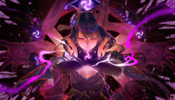 1girl absurdres blue_pupils breasts bridal_gauntlets cleavage closed_mouth duplicate electricity extra_arms flower genshin_impact glowing highres japanese_clothes kimono large_breasts looking_at_viewer mitsudomoe_(shape) mixed-language_commentary mole mole_under_eye multicolored_eyes obi obiage obijime powering_up punco_(kdfg2577) purple_eyes purple_flower purple_hair purple_kimono purple_nails raiden_shogun red_sash sash shade solo tomoe_(symbol) upper_body