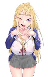 1girl ahoge blazer blonde_hair blue_eyes blue_jacket bra bra_peek breasts cleavage collarbone collared_shirt commentary_request cowboy_shot dosanko_gal_wa_namaramenkoi fake_nails fuyuki_minami grey_skirt hair_behind_ear heart heart_hands highres ikada_kai jacket kitami_hokuryo_high_school_uniform large_breasts long_hair long_sleeves looking_at_viewer miniskirt nail_polish neck_ribbon official_art one_eye_closed open_clothes open_jacket open_mouth pink_bra pink_nails red_ribbon ribbon school_uniform shirt shirt_tucked_in simple_background skirt solo tented_shirt tongue tongue_out underwear white_background white_shirt