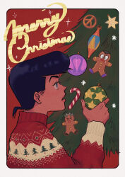 Rule 34 | absurdres, black border, black hair, blue eyes, border, candy, candy cane, christmas, christmas sweater, christmas tree, decorating christmas tree, diamond wa kudakenai, english text, film grain, food, from side, gingerbread man, higashikata josuke, highres, hirose koichi, holding ornament, jojo no kimyou na bouken, male focus, merry christmas, nijimura okuyasu, parted lips, peace symbol, pompadour, red background, red sweater, short hair, solo focus, sweater, t 0nd, white border