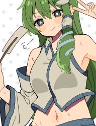 Rule 34 | 1girl, bare shoulders, blue sky, breasts, closed mouth, collared shirt, commentary request, crop top, detached sleeves, frog hair ornament, gohei, green eyes, green hair, groin, hair ornament, hair rings, happy, highres, holding, holding gohei, kochiya sanae, long hair, long sleeves, medium breasts, midriff, navel, oonusa, shino8504, shirt, simple background, single hair ring, single sidelock, sky, sleeveless, sleeveless shirt, smile, snake hair ornament, solo, sweat, touhou, v, very long hair, white background, white shirt, white sleeves, wide sleeves