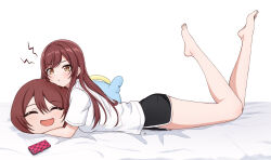 1girl :t annoyed bare_legs barefoot black_shorts blush cellphone character_doll closed_mouth doll dolphin_shorts highres idolmaster idolmaster_shiny_colors long_hair looking_at_viewer lying on_stomach open_mouth osaki_amana osaki_tenka phone pout puffy_cheeks red_hair shirt short_shorts short_sleeves shorts simple_background smartphone smile solo sulgi_park swept_bangs toes v-shaped_eyebrows white_background yellow_eyes