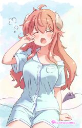 Rule 34 | 1girl, ahoge, breasts, demon tail, highres, horns, icorasama, large breasts, long hair, machikado mazoku, one eye closed, open mouth, pajamas, red hair, shirt slip, short shorts, shorts, sitting, sleepy, solo, tail, yawning, yellow eyes, yoshida yuuko (machikado mazoku)