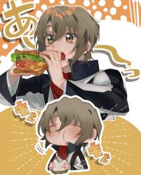 1boy =_= ascot black_jacket blush brown_eyes brown_hair chibi chibi_inset closed_eyes cropped_torso curtained_hair eating food food_bite hair_between_eyes happy happy_aura highres holding holding_food holding_sandwich jacket kurusu_misao lettuce long_sleeves male_focus motion_lines multicolored_jacket multiple_views noroinoenojin open_mouth outline polka_dot polka_dot_background puffy_cheeks red_ascot sandwich short_hair solo soukyuu_no_fafner sound_effects teeth tomato tomato_slice two-tone_jacket white_jacket white_outline yellow_background