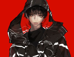 1boy absurdres aegyo_sal asian black_hair black_hoodie black_shirt blacksheep blush brown_eyes chinese_commentary chromatic_aberration closed_mouth commentary_request crossed_bangs earrings face_piercing highres hood hood_up hoodie hoop_earrings hua_chenyu jewelry lip_piercing lips looking_at_viewer male_focus mole mole_on_nose mole_under_mouth nose piercing portrait real_life realistic red_background redrawn shirt short_hair simple_background solo spike_piercing straight-on striped_clothes striped_hoodie tsurime two-sided_fabric two-sided_hoodie upturned_eyes white_stripes wolf_cut