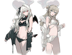 2girls absurdres ahoge balloon bare_shoulders black_bow black_jacket black_wings blue_eyes bow breasts cleavage cleavage_cutout clothing_cutout cropped_legs demon_tail demon_wings fake_tail fake_wings fingernails gem genderswap genderswap_(mtf) grey_hair grey_nails hair_between_eyes hair_bow hair_ribbon hair_rings heart heart_background highres holding holding_balloon jacket kanae_(nijisanji) kuzuha_(nijisanji) light_brown_hair long_hair long_sleeves long_tail looking_at_viewer mini_wings multiple_girls nail_polish navel nijisanji off_shoulder open_clothes open_jacket parted_lips pointy_ears rabbit_tail red_gemstone ribbon sensasaa short_hair side_ponytail simple_background sleeves_past_wrists small_breasts star_(symbol) star_balloon tail teeth turtleneck vampire virtual_youtuber white_background white_jacket white_wings wings