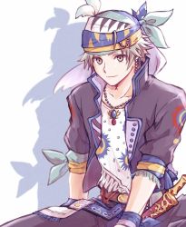1boy arm_ribbon bead_necklace beads black_jacket black_pants brown_eyes cowboy_shot dagger earrings final_fantasy final_fantasy_vi grey_hair headscarf high_collar highres jacket jewelry knife light_smile locke_cole male_focus multicolored_headwear necklace open_clothes open_jacket pan_ff6 pants parted_bangs print_shirt ribbon shirt short_hair short_sleeves sitting solo weapon white_background white_shirt