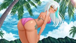 1girl :t ass bare_arms bare_shoulders bikini blue_hair blue_sky blush breasts closed_mouth cloud commentary commission day english_commentary hair_between_eyes hair_ornament hairclip highres kazenokaze leaning_forward long_hair looking_at_viewer looking_to_the_side medium_breasts multicolored_hair nose_blush original outdoors palm_tree pink_bikini polka_dot polka_dot_bikini pout sky solo streaked_hair swimsuit tan tree wavy_mouth white_hair yellow_eyes