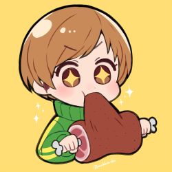 +_+ 1girl blush boned_meat brown_eyes brown_hair chibi commentary_request do_m_kaeru eating female_focus food food_in_mouth full_mouth green_jacket green_theme holding holding_food holding_meat jacket light_brown_hair long_sleeves meat mouthful open_mouth persona persona_4 satonaka_chie short_hair simple_background solo sparkle star-shaped_pupils star_(symbol) symbol-shaped_pupils tomboy track_jacket twitter_username yellow_background