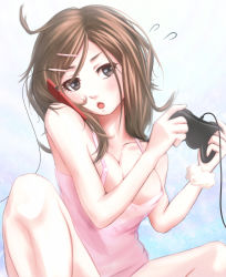 1girl breasts brown_eyes brown_hair cellphone chestnut_mouth cleavage controller cradling_phone female_focus flying_sweatdrops game_controller gamepad hair_ornament hairclip hoshibuchi large_breasts long_hair multitasking open_mouth original phone playing_games solo talking_on_phone