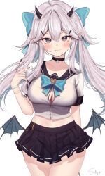 1girl absurdres ahoge artist_name black_nails black_skirt blue_bow blush bow bowtie bracelet breasts choker cleavage_cutout clothing_cutout demon_girl demon_horns demon_tail demon_wings ear_piercing grey_eyes grey_hair hair_between_eyes hair_bow highres horns indie_virtual_youtuber jewelry large_breasts long_hair looking_at_viewer low_wings miniskirt nail_polish navel piercing pointy_ears school_uniform serafuku shirt simple_background skindentation skirt skull_choker sky_above_me smile solo tail vei_(vtuber) vei_(vtuber)_(11th_costume) virtual_youtuber white_background white_serafuku white_shirt wings