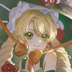1girl bare_shoulders blonde_hair bow chin_strap dress drill_hair flower green_dress green_eyes green_hat hat hat_flower highres long_hair looking_at_viewer low_twintails orange_bow portrait red_flower reverse:1999 sleeveless sleeveless_dress smile solo sotheby twin_drills twintails yi&#039;er_(e2eeee12)