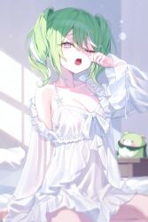 Rule 34 | 1girl, absurdres, bare shoulders, bed, bed sheet, breasts, chico (yuzuha riko), cleavage, collarbone, commentary request, day, frilled chemise, frills, green eyes, green hair, hair between eyes, hashtag-only commentary, highres, indoors, korean commentary, light particles, long hair, long sleeves, looking at viewer, medium breasts, multicolored hair, on bed, one eye closed, open mouth, pillow, see-through clothes, see-through sleeves, sitting, sleepwear, solo, spaghetti strap, stellive, streaked hair, table, thighs, twintails, virtual youtuber, waking up, white chemise, white streaks, wide sleeves, yioro, yuzuha riko