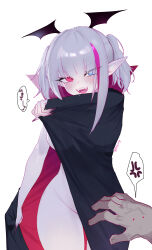 1boy 1girl absurdres anger_vein artist_name bat_wings bite_mark bite_mark_on_hand black_cape blue_eyes cape commentary cowboy_shot english_commentary eonsang fangs fingernails girls&#039;_frontline grey_hair head_wings heterochromia highres holding holding_unworn_cape holding_unworn_clothes looking_at_viewer mdr_(girls&#039;_frontline) multicolored_hair naked_cape open_mouth pink_eyes pink_hair pointy_ears pov pov_hands sharp_fingernails simple_background speech_bubble spoken_anger_vein streaked_hair tongue translation_request twitter_username two-tone_hair unworn_cape vampire white_background wings