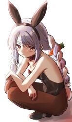 1girl animal_ears bare_arms bare_shoulders black_hairband black_leotard black_shoes blue_hair bow braid breasts brown_pantyhose bunny_day carrot_hair_ornament commentary_request covered_navel crossed_arms fake_animal_ears food-themed_hair_ornament hair_bow hair_ornament hairband high_heels highres hololive kiritoma leotard multicolored_hair pantyhose rabbit-shaped_pupils rabbit_ears rabbit_tail red_eyes shadow shoes short_eyebrows small_breasts solo squatting strapless strapless_leotard sunlight symbol-shaped_pupils tail thick_eyebrows twin_braids twintails two-tone_hair usada_pekora virtual_youtuber white_background white_bow white_hair