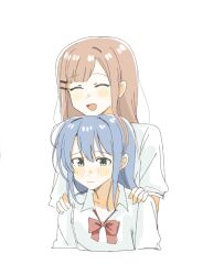 2girls adachi_sakura adachi_to_shimamura blue_eyes blue_hair blush bow bowtie brown_hair chinese_commentary closed_eyes closed_mouth commentary_request haidao_mao hair_ornament hairclip highres long_hair medium_hair multiple_girls open_mouth red_bow red_bowtie school_uniform shimamura_hougetsu shirt simple_background white_background white_shirt