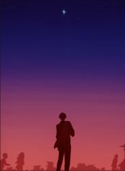 2boys 3girls back blue_sky char_aznable feet_out_of_frame from_behind gradient_sky gundam gundam_gquuuuuux highres keito_002468 lalah_sune multiple_boys multiple_girls outdoors pants purple_sky red_sky shirouzu_(gundam) shirt short_hair sky star_(sky)