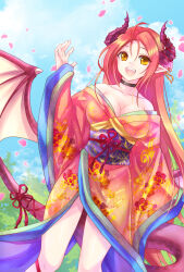 Rule 34 | 1girl, breasts, cleavage, commission, dragon girl, dragon horns, dragon tail, dragon wings, highres, horns, iris mysteria!, japanese clothes, kimono, large breasts, open mouth, petals, pointy ears, red ribbon, ribbon, sharon oliva, skeb commission, sky, smile, standing, tail, wings, yakou (mofumofu117117)