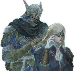 1boy 1girl armor ascot be11prpr blindfold blonde_hair blue_jacket brushing_hair duchess_(elden_ring) elden_ring elden_ring_nightreign gloves helmet highres jacket medium_hair upper_body white_ascot white_background white_gloves winged_helmet wylder_(elden_ring)