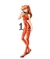 1girl adapted_costume amondetauro blue_eyes bodysuit breasts half_updo highres interface_headset_(evangelion) long_hair looking_at_viewer mecha_pilot_suit neon_genesis_evangelion open_mouth orange_hair plugsuit_(evangelion) red_bodysuit simple_background sleeveless sleeveless_bodysuit small_breasts smile solo souryuu_asuka_langley white_background