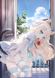 1girl absurdres amafuyu animal_ears blue_eyes blue_neckerchief blue_sailor_collar blue_sky bread bread_slice cat_ears cat_tail cloud commentary_request day dress food food_in_mouth from_behind hair_ribbon highres jam long_hair mouth_hold neckerchief open_door original panties puffy_short_sleeves puffy_sleeves ribbon sailor_collar shoes short_sleeves sky solo standing standing_on_one_leg striped_clothes striped_panties striped_thighhighs tail tail_raised thighhighs toast toast_in_mouth underwear white_dress white_hair white_ribbon white_shoes