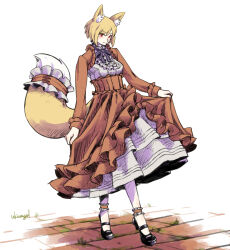 1girl absurdres adapted_costume animal_ear_fluff animal_ears black_bow black_bowtie black_shoes blonde_hair bow bowtie brick_floor brown_skirt closed_mouth commentary_request cookie_(touhou) curtsey fox_ears fox_girl fox_tail full_body highres looking_at_viewer mary_janes miramikaru_riran petticoat red_eyes shirt shoes short_hair shrug_(clothing) skirt smile socks solo standing tail tail_garter ukiwagirl white_shirt white_skirt white_socks