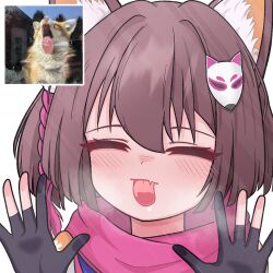 1girl animal_ear_fluff animal_ears black_gloves blue_archive blush brown_hair closed_eyes fox fox_ears fox_girl gloves hair_between_eyes hair_ornament izuna_(blue_archive) jchanmul licking_screen partially_fingerless_gloves photo_inset pink_scarf pom_pom_(clothes) pom_pom_hair_ornament scarf short_hair solo