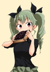 10s 1girl anchovy_(girls_und_panzer) anzio_military_uniform barashiya black_ribbon black_shirt bread bread_slice dress_shirt drill_hair eating female_focus food food_in_mouth girls_und_panzer green_hair grey_pants hair_ribbon highres jam long_hair long_sleeves looking_at_viewer military military_uniform mouth_hold pants red_eyes ribbon shirt simple_background sleeves_rolled_up solo standing toast toast_in_mouth twin_drills twintails upper_body yellow_background