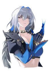 1girl black_jacket blue_bra blue_hair blue_nails bra breasts cleavage closed_mouth collarbone colored_inner_hair commentary cropped_jacket cropped_torso feather_hair fingernails galbrena_(wuthering_waves) gold_choker grey_hair hair_between_eyes hair_intakes hand_up highres jacket large_breasts long_fingernails multicolored_hair purple_eyes sharp_fingernails simple_background solo underwear white_background white_hair wuthering_waves yuu_(oyasuu)