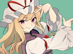 1girl blonde_hair green_background hat long_hair long_sleeves looking_at_viewer mob_cap puffy_long_sleeves puffy_sleeves purple_eyes purple_tabard smile solo tabard touhou unkmochi white_hat yakumo_yukari