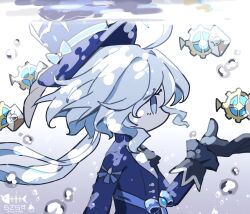 1girl ahoge artist_name ascot black_ascot black_gloves blue_eyes blue_hat blue_jacket fish from_side furina_(genshin_impact) genshin_impact gloves hat highres jacket long_hair ouji_fashion rasarasu solo top_hat twitter_username white_hair