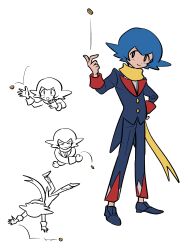 &gt;_&lt; 1girl blue_jacket blue_shoes coin cosplay grimsley_(pokemon) grimsley_(pokemon)_(cosplay) hand_on_own_hip highres jacket lana_(pokemon) nintendo nizaki_jitsu pokemon pokemon_bw pokemon_sm scarf shoes simple_background white_background yellow_scarf