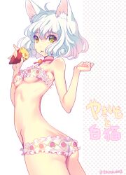 1girl animal_ears artist_name bare_arms bikini breasts cat_ears cowboy_shot eating food food_on_face gradient_hair green_eyes holding_potato looking_back multicolored_hair neck_ribbon nishimura_eri original pink_hair ribbon small_breasts solo standing sweet_potato swimsuit w_arms white_hair