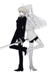 2girls artoria_pendragon_(fate) black_gloves black_suit blonde_hair blush_stickers boots coat excalibur_(fate/stay_night) fate/zero fate_(series) formal_clothes fur-trimmed_coat fur_hat fur_trim gloves hat high_heel_boots high_heels highres holding holding_sword holding_weapon irisviel_von_einzbern multiple_girls saber_(fate) skanroooo suit sword thigh_boots weapon