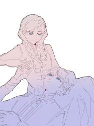2girls anna_(frozen) blue_eyes braid chinese_commentary closed_mouth commentary_request dress elsa_(frozen) frozen_(disney) hand_in_another&#039;s_hair hand_on_another&#039;s_head highres holding_hands incest kiyomai lap_pillow looking_at_another multiple_girls siblings sisters smile twin_braids yuri