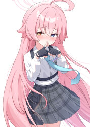 1girl absurdres ahoge aqua_necktie belt black_belt black_gloves black_skirt blue_archive blue_eyes blush breasts embarrassed fingerless_gloves gloves halo heterochromia highres hoshino_(blue_archive) id_card long_hair looking_at_viewer natukuzira necktie pink_halo plaid_clothes plaid_skirt school_uniform shirt simple_background skirt small_breasts solo very_long_hair white_background white_shirt yellow_eyes