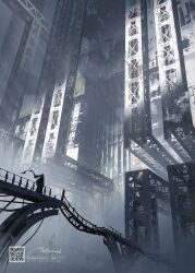 1other absurdres ambiguous_gender architecture artist_name asteroid_ill bridge broken broken_bridge cloak commentary_request from_below highres hood industrial original qr_code railing ruins scenery standing three_quarter_view truss wide_shot