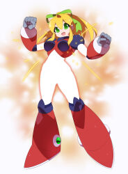 Rule 34 | absurdres, armor, armored boots, armored gloves, arms up, blonde hair, blurry, blurry background, boots, breasts, glowing, green eyes, green ribbon, hair ribbon, henshin, henshin pose, highres, hyper roll (marvel vs. capcom), joints, kaidou zx, knee boots, knee pads, large breasts, long hair, looking at viewer, marvel vs. capcom, mechanical arms, mechanical boots, mechanical legs, mega man (classic), mega man (series), ponytail, red armor, red boots, ribbon, robot, robot girl, robot joints, roll (mega man), shoulder armor, sidelocks, simple background, smile, sparks, transformation, white background