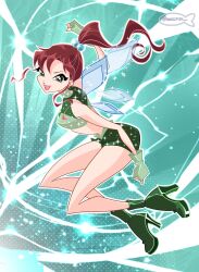 1girl alternate_costume aqua_background bad_id bad_twitter_id bare_arms bare_legs bare_shoulders bishoujo_senshi_sailor_moon blue_wings boots brown_hair cartoonized chest_jewel chocofish clenched_hands commentary crop_top electricity english_commentary eyelashes fairy fairy_wings fighting_stance floating floating_hair full_body gem glitter green_boots green_eyes green_gemstone green_shirt green_shorts hair_bobbles hair_ornament halftone halftone_background high_heel_boots high_heels high_ponytail highres kino_makoto leaning_forward light_particles lipstick long_hair looking_at_viewer magical_girl makeup midriff open_mouth outline parody pink_lips ponytail pumps sailor_jupiter shirt short_shorts shorts smile solo sparkle style_parody teeth toon_(style) turtleneck turtleneck_shirt twitter_username upper_teeth_only v-shaped_eyebrows watermark wavy_hair white_outline wings winx_club