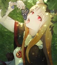 Rule 34 | 1girl, animal ear fluff, animal ears, arm up, breasts, brown capelet, brown hair, capelet, day, eyelashes, food, fruit, fur scarf, grapes, green background, head back, highres, holo, long hair, long sleeves, looking at viewer, makitekka, open mouth, outdoors, pouch, red eyes, shirt, sidelocks, small breasts, solo, spice and wolf, tongue, tongue out, upper body, very long hair, white shirt, wolf ears, wolf girl