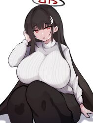 1girl absurdres black_hair black_pantyhose black_skirt blue_archive breasts bright_pupils hair_ornament halo highres huge_breasts long_hair long_sleeves open_mouth pantyhose red_eyes rio_(blue_archive) sae_art shadow sitting skirt solo sweater turtleneck turtleneck_sweater white_background white_pupils white_sweater