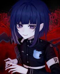 1boy armband black_background bow closed_mouth ear_piercing eyelashes last_defense_academy_school_uniform looking_at_viewer male_focus matching_hair/eyes piercing purple_eyes purple_hair red_bow simple_background solo solo_focus the_hundred_line_-last_defense_academy- tsukumo_ima upper_body